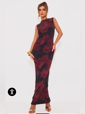 Pretty Little Thing BURGUNDY FLORAL PRINT MESH MAXI DRESS